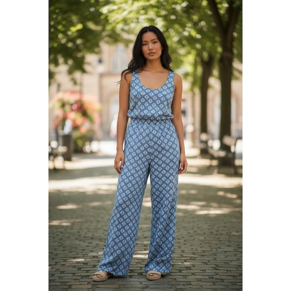 Japna Jumpsuit Womens Size M‎ Blue White Floral block print Sleeveless Wide-Leg